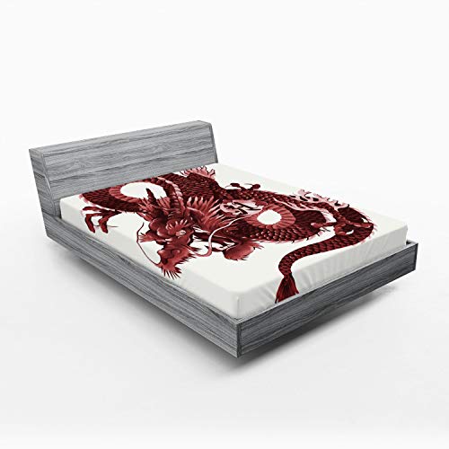 Ambesonne Dragon 2 Pack Fitted Sheet, Japanese Noble Monster, Bed Cover All-Round Elastic Deep Pockets 2 Pieces, Package Contains 2 California King Fitted Sheets, Pink Burgundy