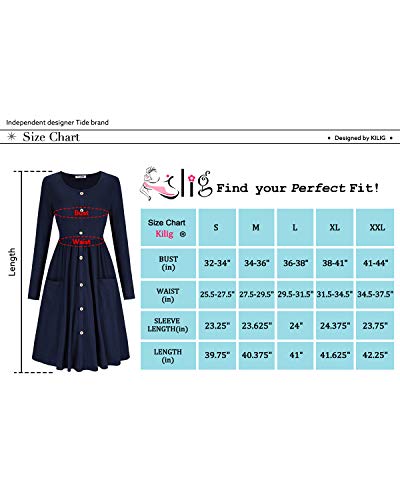 KILIG Women's Dresses Long Sleeve Casual Button Down Swing Dress with Pockets(D1-Navy,Medium)