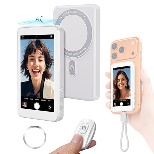 Vlog Selfie Monitor Screen for iPhone 17 Series & Android,Built-in Speaker,Wireless & Wired Magnetic 4K/1080P Phone Back Camera Monitor with Remote Control for Live Stream TikTok (White)