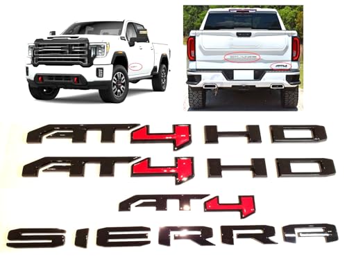 Image of 6Pcs Kits AT4 HD Emblem Sierra Door Rear Badge Replacement for 2019-2022 Sierra 1500 2500HD 3500HD (Glossy Black Red)