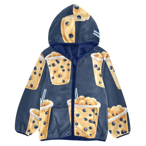 Cartoon Tapioca Boba Tea Girls Fleece Jacket Girls Fall Jacket Girls Zip Up Hoodie Girls Sherpa Jacket 2-10T