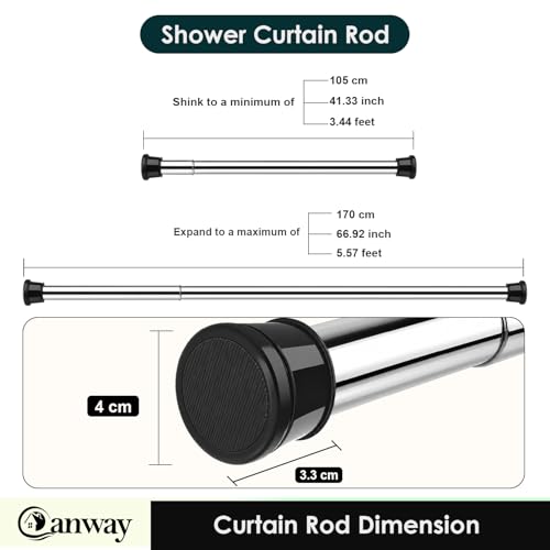 Image of Canway (105-170 CM) Adjustable Curtain Rod Without Drilling Black-Silver | Bathroom & Shower Curtain Rod | Heavy Duty Tension Curtain Rod for Bathroom, Window & Kitchen