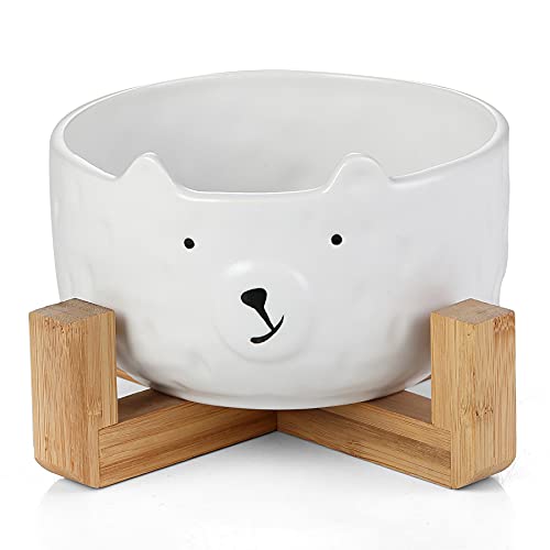 Keramik-Wassernapf für Hunde, Katzenfutter, erhöhter Hundenapf mit rutschfestem Bambusständer, Liucuon-Porzellan, erhöhter Futternapf (weiß) Cover