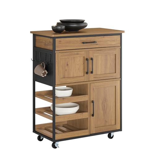 SoBuy Meuble Cuisine Rangement avec Plan de Travail, Desserte Cuisine avec roulettes, Tiroirs & Range-Bouteilles, Îlot Central Cuisine pour Salle à Manger et...