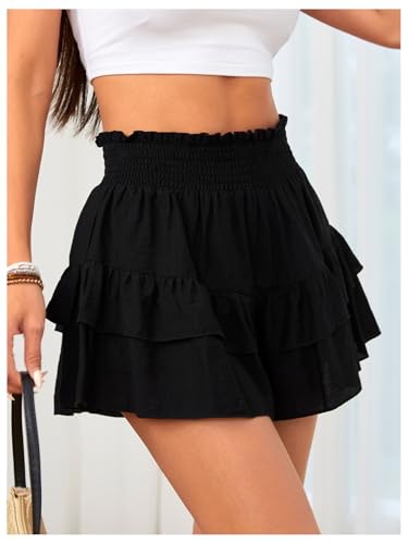 Women's High Waisted Layered Ruffle Skirts Summer Shirred Flowy Mini Skirt4