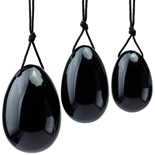 KYEYGWO Obsidian Reiki Heilung Kristall Yoni Eier Set mit 3 Größen Polierte Oval Kugel-Eier Massage Steine Damen Edelstein Ei für Stärkung der Beckenbodenmuskulatur und Kegel Übung