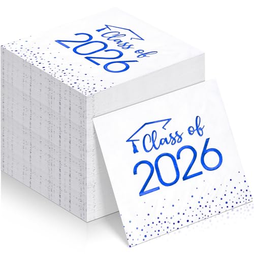 100Pcs Class of 2026 Graduation Napkins Disposable Congrats Grad Paper Cocktail Napkins Square Foil Dot Hand Towels for 2026 School University College Graduation Party DecorationsBlue