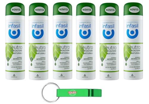 6x Infasil Deodorante Spray Neutro Sensazioni Naturali Fragranza con Olio Essenziale, Antimacchia, Senza Sali di Alluminio, Deodoranti da 150ml + Portachiavi Beni Culinari in Omaggio