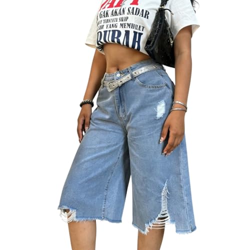 WGXWGX 2026 Summer Women's Ripped Denim Shorts Y2k Distressed Wide