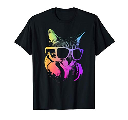 Rainbow Cat Music Hip Hop Amante Retro Kitty Gatos Auricular Camiseta