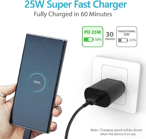 Image of Samsung 25W PD 3.0 Type C Fast Charging Adapter with 3.3 Ft Cable for Galaxy M17|M07|M36|M06|A55|A35|F06|S25 fe|S22|S24|F36|F16|M35|S23|A06|S25 Plus|Tab S11 /S10 Lite|USB C 25w Quick Adaptor, Black
