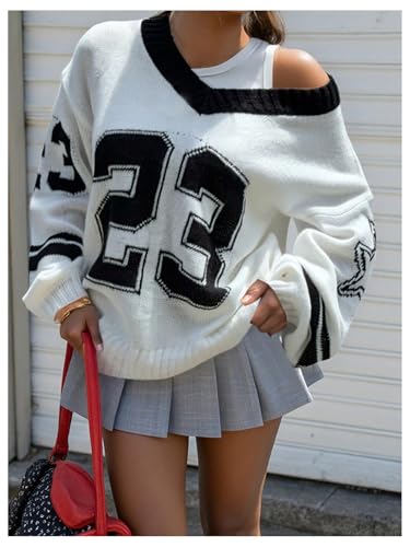 MakeMeChic Girl's Oversized Jersey Sweater Number Graphic V Neck Long Sleeve Y2k Pullover Tops3
