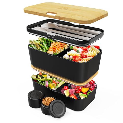 Umami Lunchbox Erwachsene Alles-in-Einem, Brotdose mit Fächern und 4 Bestecke für Männer/Frauen, 2 Soßentöpfe, Auslaufsicher Bento Box, Spülmaschine, Mikrowelle Brotbox
