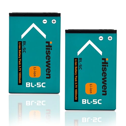 Hisewen BL-5C Battery 2Pcs, 3.7V 1600mAh Rechargeable BL-5C Battery for Household Radio R108, 2600, 2610, 2626, 2700C, 2710, 2710c, 2730c, 3100, 3105, 3109C