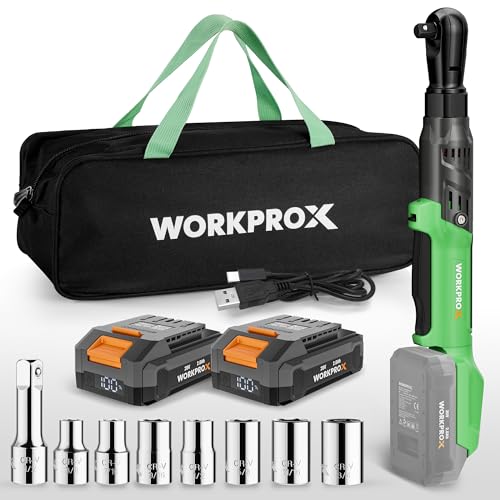 WORKPROX Electric Ratchet Wrench 1/2' Set, 20V Cordless Ratchet Wrench Kit, 74Ft-lbs, 250RPM, Battery Powered Ratchet with LED Light, 2-Pack 2000mAh Batteries, 7 Sockets & 3' Extension Bar