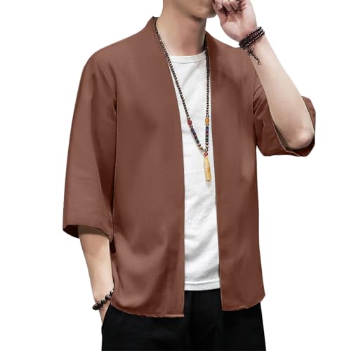 Image of PRIJOUHE Men's Kimono Jackets Cardigan Lightweight Casual Cotton Blends Linen Seven Sleeves Open Front Coat Outwear
