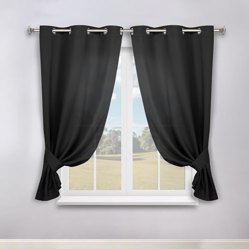 SUPERIOR Blackout Curtains, Room Darkening, Bedroom, Drapes, Kitchen, Living Room Window Accents, Sun Blocking, Thermal, 2 Pack, Solid Blackout Curtains, Set of 2, 46" x 63", Black