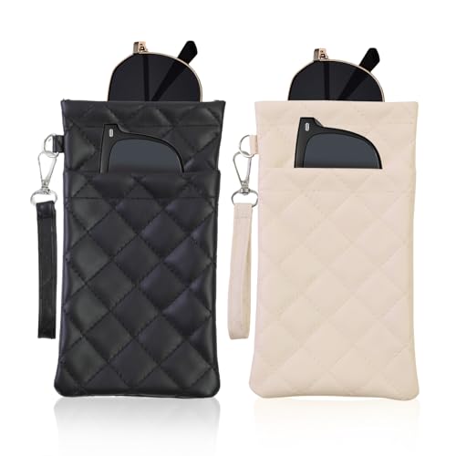 FlyingMage Double Eyeglass Case Soft Dual Glasses Case for Women Men Travel Squeeze Top Sunglasses Cases Eyeglasses Pouch (2 Black+White Lanyard)