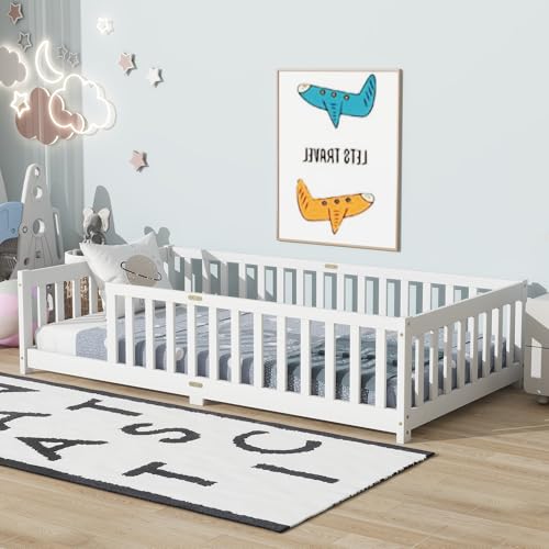 Twin Size Kids Montessori Floor Bed,Twin Floor Bed Frame with Slats,Solid Wood Twin Bed Frame for Girls Boys,White