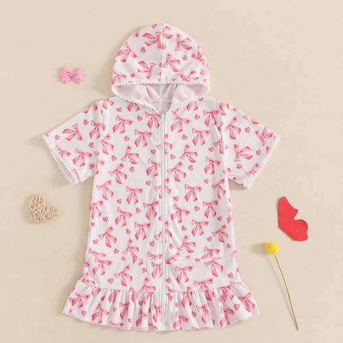 Image of Socutebabe Toddler Girl Swimsuit Cover Up Kids Beach Dress Bow Print Long Sleeve Hooded Bathing Suit Towel Coverup Swimwear