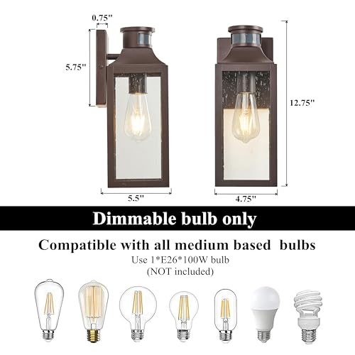 Image of MICSIU 12.75 inch Bronze Motion Sensor Traditional Outdoor Light Fixture 1 Pack | Dusk to Dawn Outside Wall Sconce with Clear Seedy Glass, 3 Modes Farm Porch Light for House Garage Deck