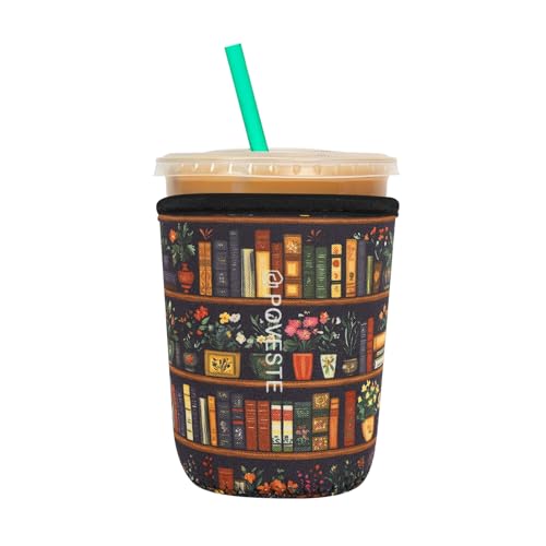 Image of Reusable Neoprene Insulator Sleeve for Iced Coffee & Cold Soda, Coffee Sleeves for Iced & Hot Drinks, Cold Beverage Cooler Compatible with Starbucks, Dunkin (Book&Flower, Small: 16-18oz)
