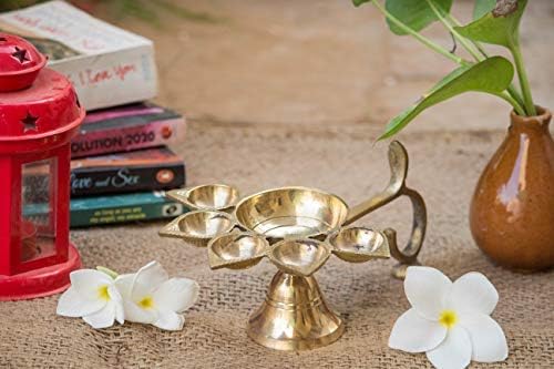 phareLamp Presents Brass Panch Aarti Diya Oil Lamp Handheld Pancharti Jyoti Deepak Stand As Puja Accessaries (21.5X15X9 cm, Golden) #A207