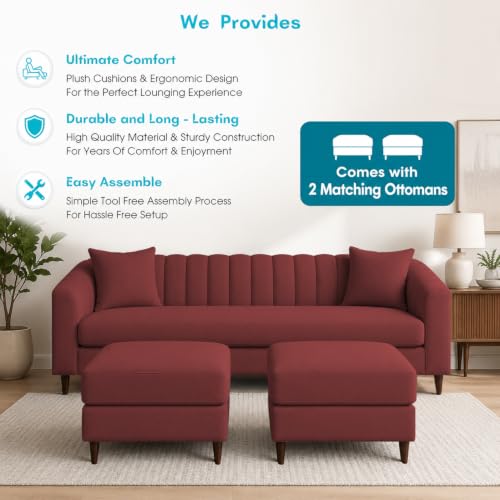Image of Doraldo 3 Seater Sofa Set with 2 Ottoman for Living Room (Maroon) Premium Fabric Sofa