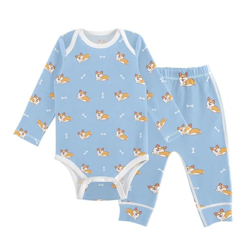 vvfelixl Baby Bodysuits Pants Sets Cute Corgi Dog Running Long Sleeve Baby Onesie Clothes for Boys Girls 3-6M