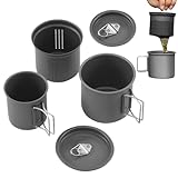 Tazas De Café Para Acampar – Juego De Utensilios De Cocina Apilables Portátiles De 3 Piezas | Equipo De Supervivencia Para Senderismo Al Aire Libre, Con Mango Plegable Para Cocinar Con Agua D