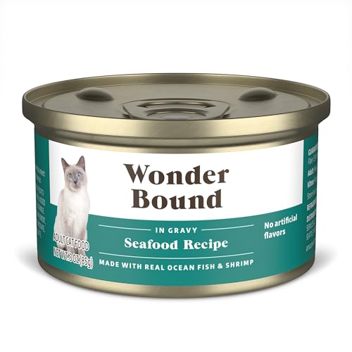 Image of Amazon Brand - Wonder Bound Canned Wet Cat Food (Seafood Recipe in Gravy), No Artificial Flavors, Adult Recipe, 3 Ounce (Pack of 24)