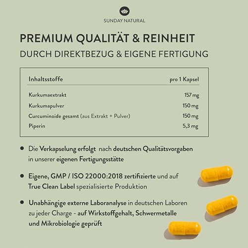 SUNDAY NATURAL® Kurkuma Kapseln hochdosiert – 10.669 mg Kurkuma pro Kapseln - 180 Curcuma Kapseln hochdosiert - 150 mg Curcumin – Curcuma Extrakt + Bio-Piperin – Laborgeprüft, vegan
