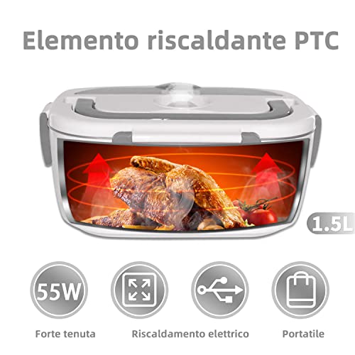 Scaldavivande Elettrico Portatile con Borsa Termica 1.5L (55W 220V), Lunch Box Portavivande Termico Elettronico Portatile in Acciaio Inox, Porta Pranzo da Ufficio e Auto, Grigio - 5