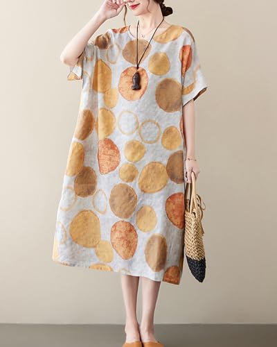 Image of LUZU JUNU Women's Summer Baggy Plus Size Loose Cotton Linen Long Boho Beach Dress with Pockets