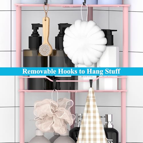 Image of HuggieGems Metal Floor Standing Corner Shower Caddy, Pink, 4 Tier | Adhesive Bathroom Organizer Shelves, Free Standing Shower Rack with Hooks, Hold Large Shampoo Bottles