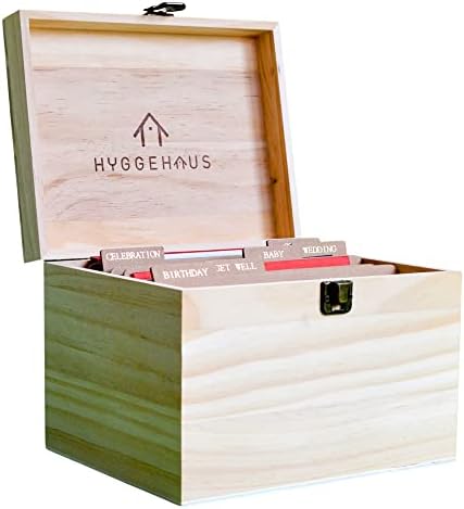 HYGGEHAUS Greeting Card Organizer Box with Dividers - Photo Organizer, Birthday Cards, Recipes, Keepsake & Scrapbook Storage Box | Solid Pine Wood with Secure Clasp - Keep Your Precious Memories Safe