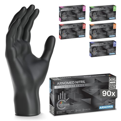 90x ARNOMED® Gants en nitrile taille XXL Noir, Gants à usage unique pour chirurgie & laboratoire, Moufles en nitrile sans poudre et sans latex, Moufles en...