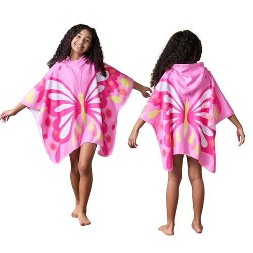 OHS Kids Swim Changing Robe, Super Soft Absorbent Beach Poncho Towels Fun Butterfly Design Hooded Towel For Boys & Girls Quick Dry Lightweight Swimming Towel, Pink