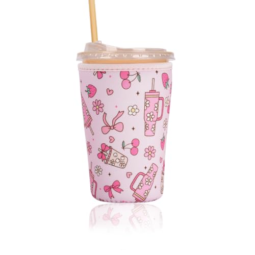 Image of Reusable Insulated Sleeve for Iced Coffee Cup, Coffee Neoprene Sleeve for Cold & Hot Drinks, Beverage Holder for Iced Coffee (Pink Ribbons, Medium: 22-24oz)