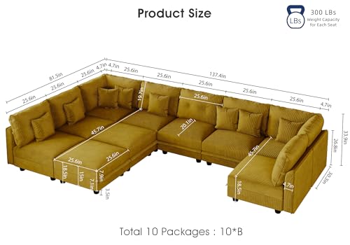 Image of LLappuil 163 inch Modular Sectional Sofa with Storage, U Shaped 10-Seat Pet-Friendly Corduroy Couch with 10 Throw Pillows, Oversized Convertible Sofa Set for Living Room & Large Space, Yellow
