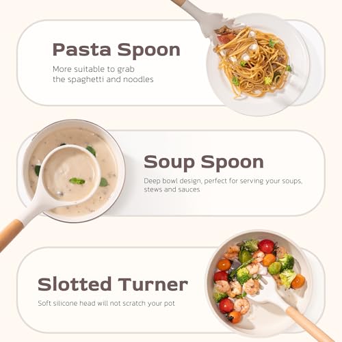 Image of Astercook Kitchen Utensils set, 39 PCS Silicone Cooking Utensils Set with Wooden Handle, 446F Heat Resistant Food Grade Utensil Sets, BPA Free Kitchen Gadgets Tools Set for Nonstick Cookware (Cream)