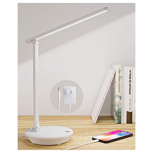 Lampe de bureau led avec Adaptateur,Zemty Lampe Bureau Dimmable10 Niveaux de Luminosité, 3 Modes de Couleur+Veilleuse/Pliable/Fonction Tactile, Lampe de chevet avec USB Port, Lampe Led Bureau Blanche