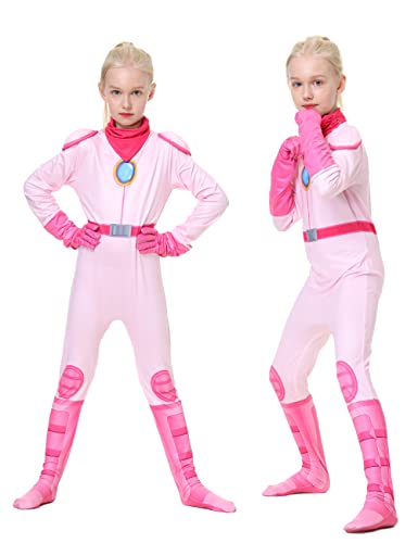 Mislaxy Peach Déguisement pour Fille Costume Jumpsuit Cosplay Bodysuit avec des Gants Jeu de Rôle Déguisement de Personnage de Dessin Animé pour Carnaval Halloween (120)