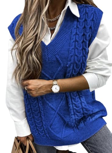 Image of EVALESS Oversized Sweater Vest for Women V Neck Sleeveless Cable Knit Tops