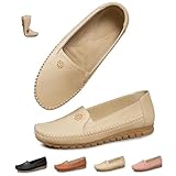 Mocasines ortopédicos de cuero para mujer, zapatos de vestir de ancho ancho, zapatos planos ligeros para caminar con soporte de arco suela suave antideslizante, beige, 39 EU