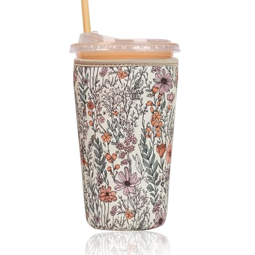 Image of Reusable Insulated Sleeve for Iced Coffee Cup, Coffee Neoprene Sleeve for Cold & Hot Drinks, Beverage Holder for Iced Coffee (Bloom Magic, Large: 32oz)