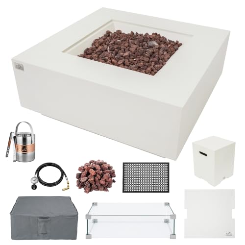 Image of AMS Creations | Brooklyn 40 inch Bundle Square Propane Gas Outdoor Fire Pit Table | Cream White Concrete GFRC Smooth Texture Surface Fire Pit Table