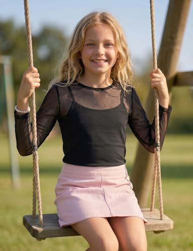 Image of Noomelfish Girls Lace Layering Tops Sheer Mesh Tee Shirts Blouse (5-12 Years)