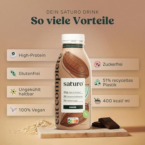 Saturo Astronautennahrung Cocoa | Trinkmahlzeit | 36 g Protein, zuckerfrei, 400 kcal | Trinknahrung Mit Wertvollen Nährstoffen | 6 x 400 ml