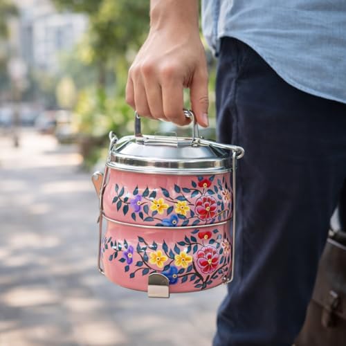 Image of iHandikart Handpainted Decorative Lunch Box Tiffin | Multiple Tier Stainless Steel Food Box | Designer Indian Print Tiffin for School | Diwali Gift, Navratri Gift (Color - Multicolor)